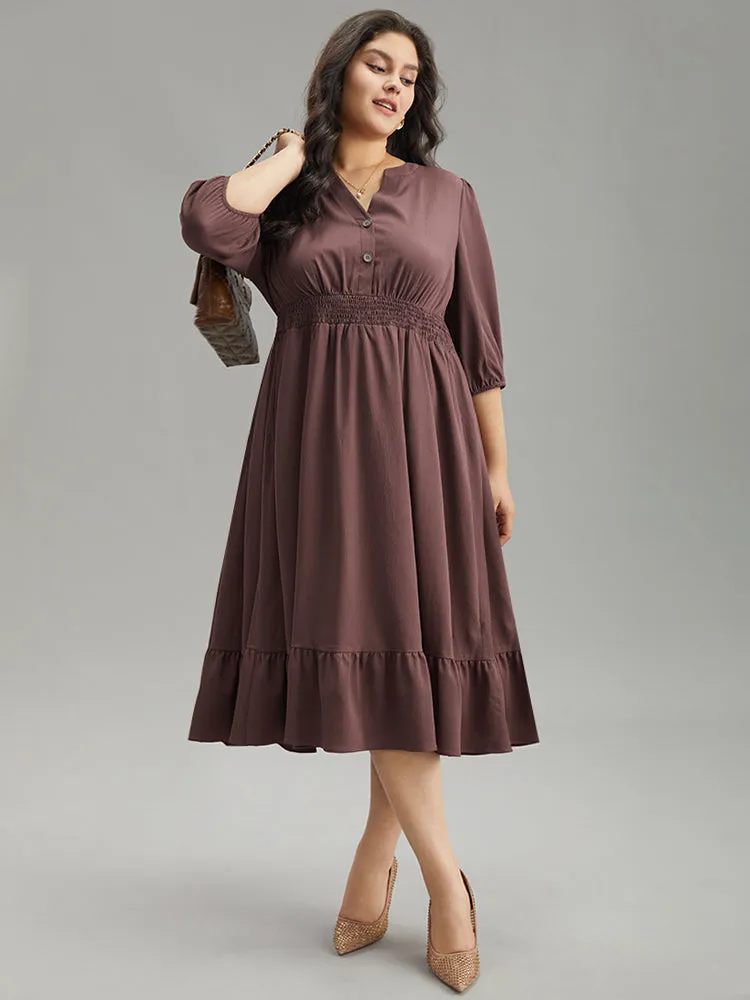 Solid Notched Lantern Sleeve Shirred Dress sold by Bloomchic product image thumbnail 2