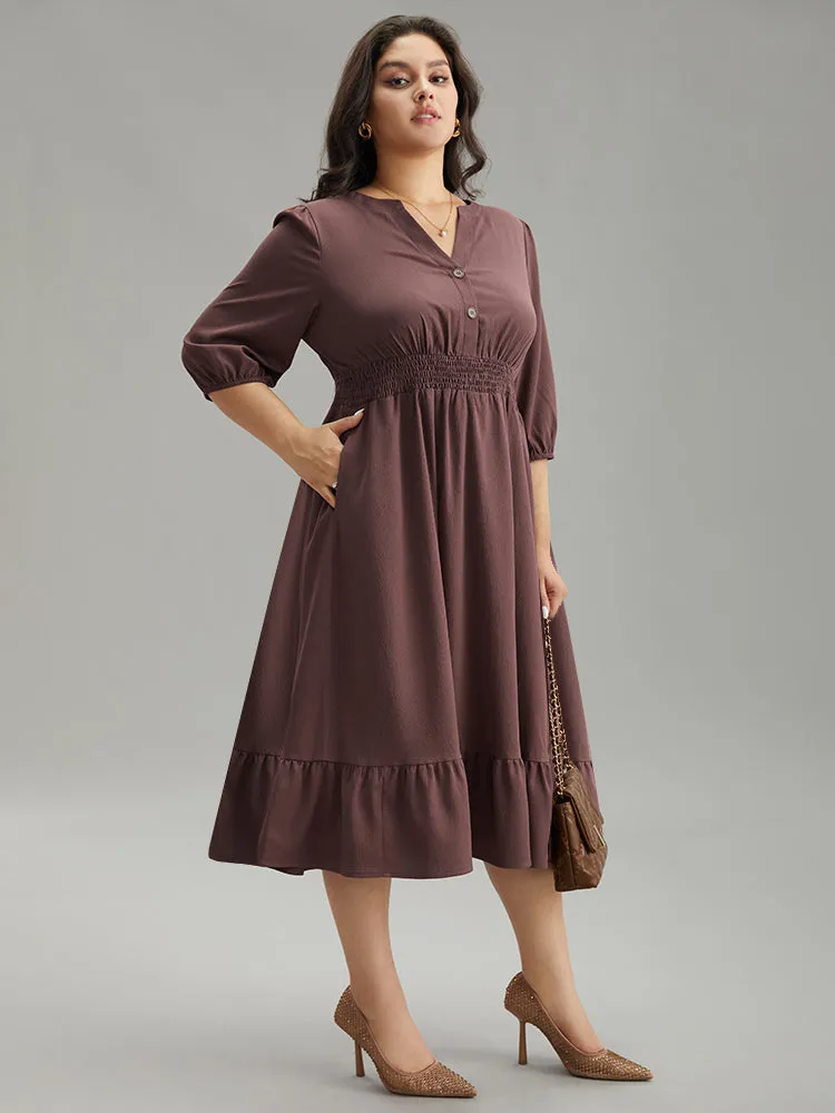 Solid Notched Lantern Sleeve Shirred Dress sold by Bloomchic product image thumbnail 3