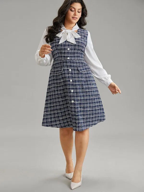 Plaid Patchwork Pocket Button Detail Ties Dress sold by Bloomchic