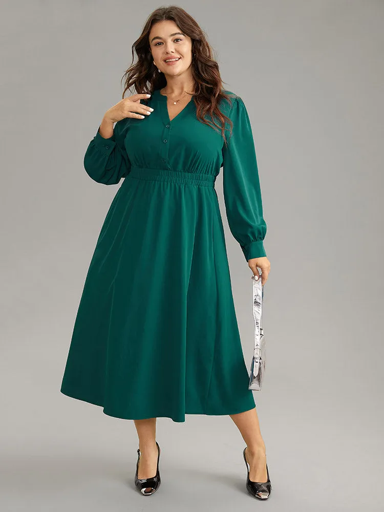 Anti-Wrinkle Shirred Gathered Notched Dress sold by Bloomchic