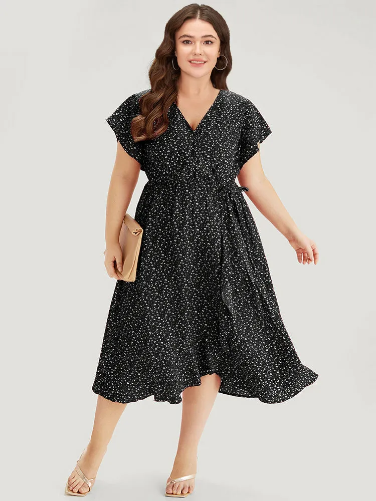 Ditsy Floral Overlap Collar Bowknot Flutter Hem Dress sold by Bloomchic