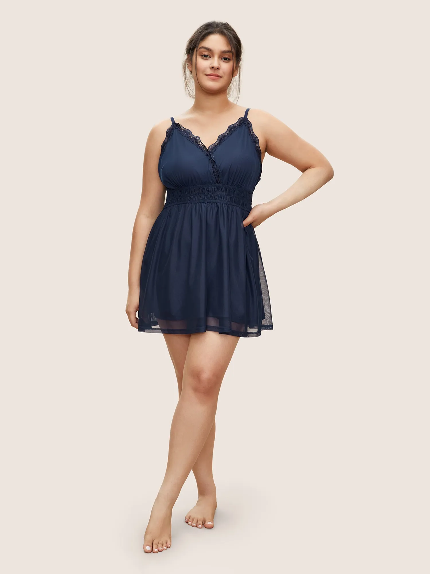 Guipure Lace Shirred Mesh Cami Sleep Dress sold by Bloomchic product image thumbnail 3