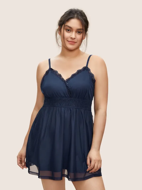 Guipure Lace Shirred Mesh Cami Sleep Dress sold by Bloomchic