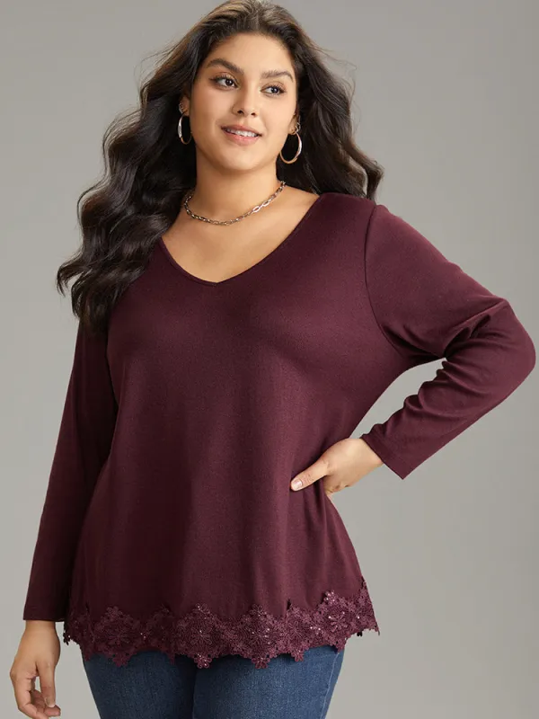 Lace Panel Hem Long Sleeve T-shirt sold by Bloomchic