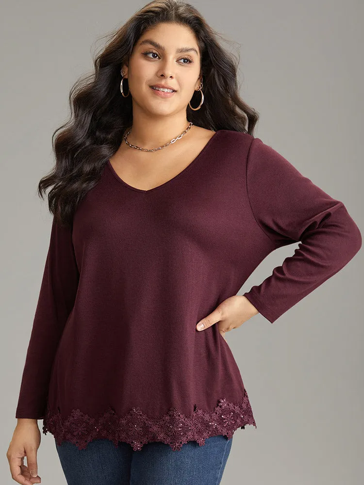 Lace Panel Hem Long Sleeve T-shirt sold by Bloomchic