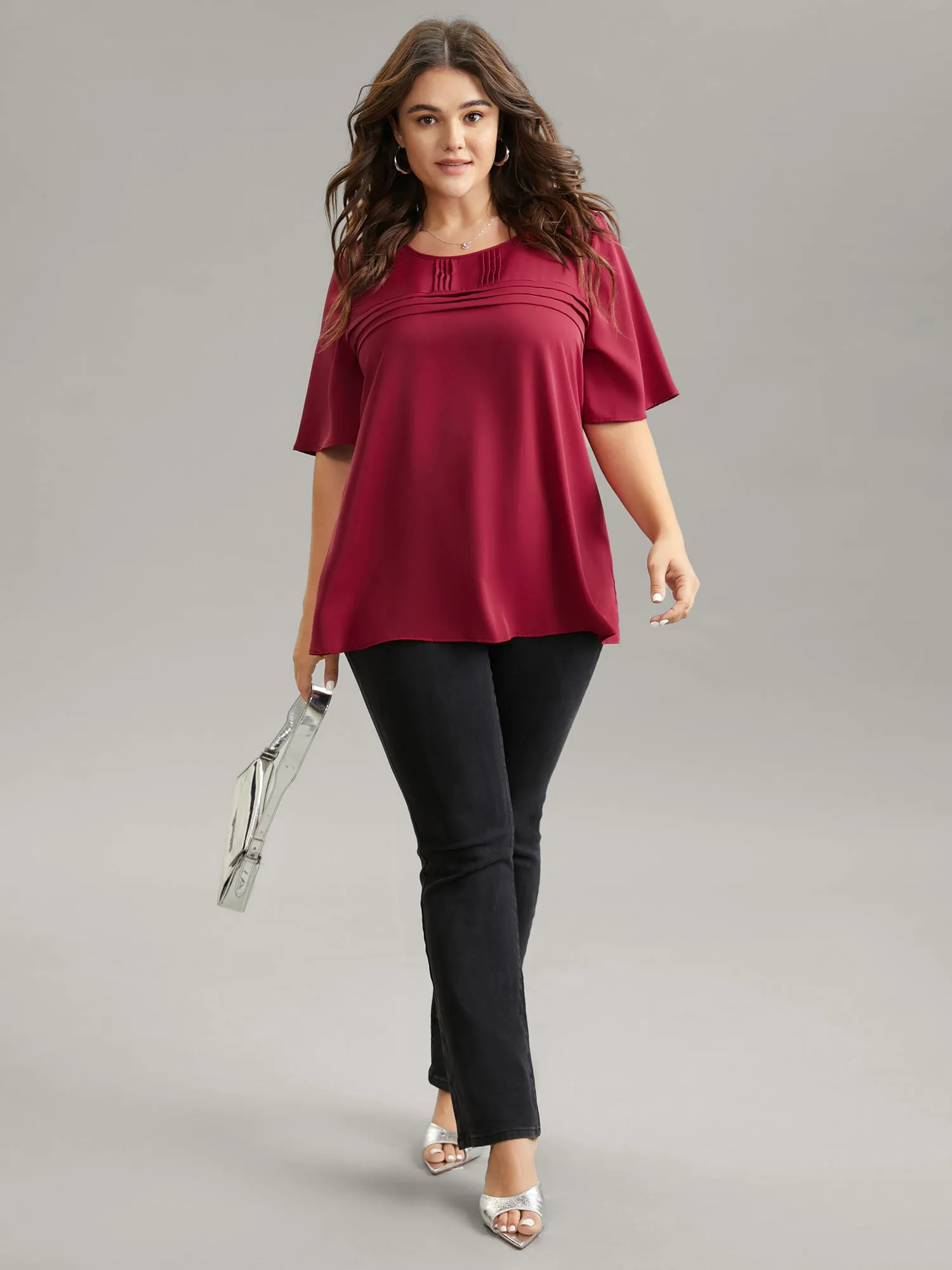 Solid Pleated Crew Neck Blouse sold by Bloomchic product image thumbnail 2