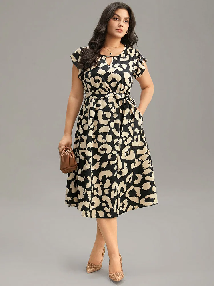 Graphic Print Keyhole Pocket Belted Flutter Trim Dress sold by Bloomchic