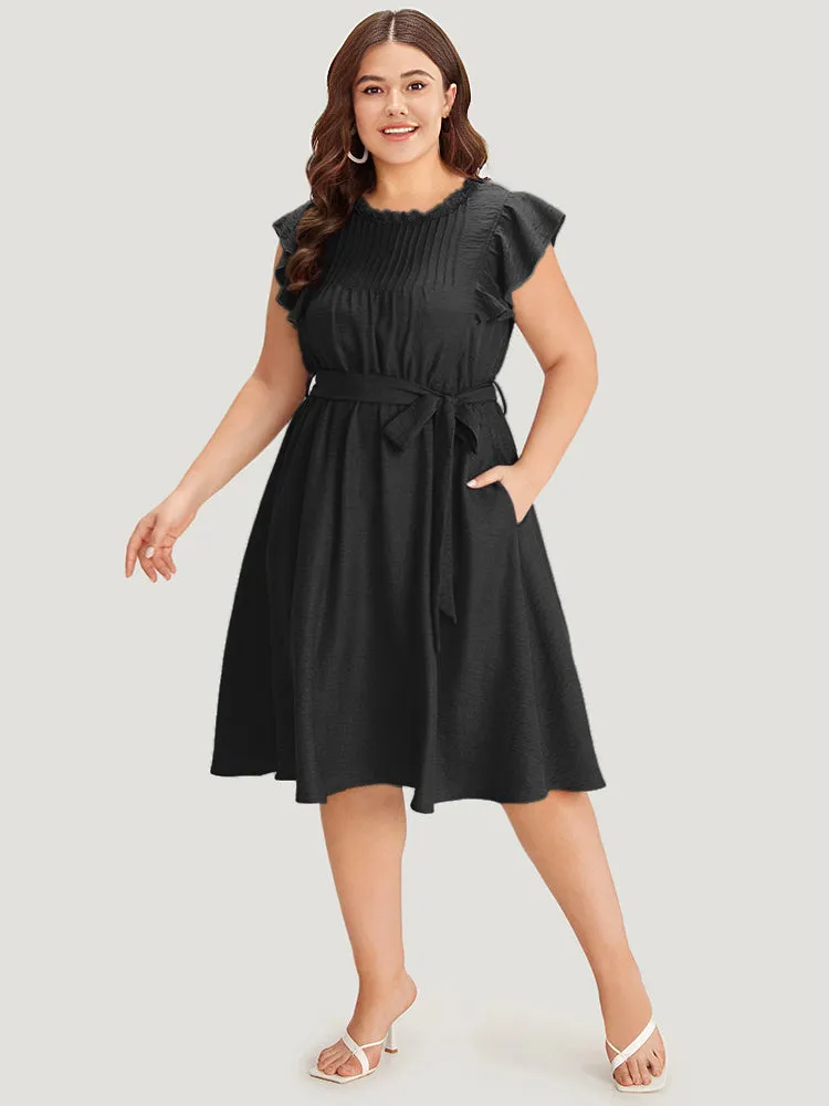 Solid Pocket Lace Insert Pleated Flutter Sleeve Dress sold by Bloomchic product image thumbnail 3
