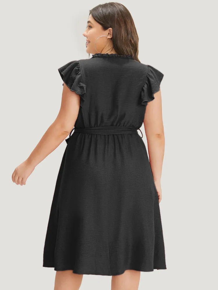 Solid Pocket Lace Insert Pleated Flutter Sleeve Dress sold by Bloomchic product image thumbnail 4