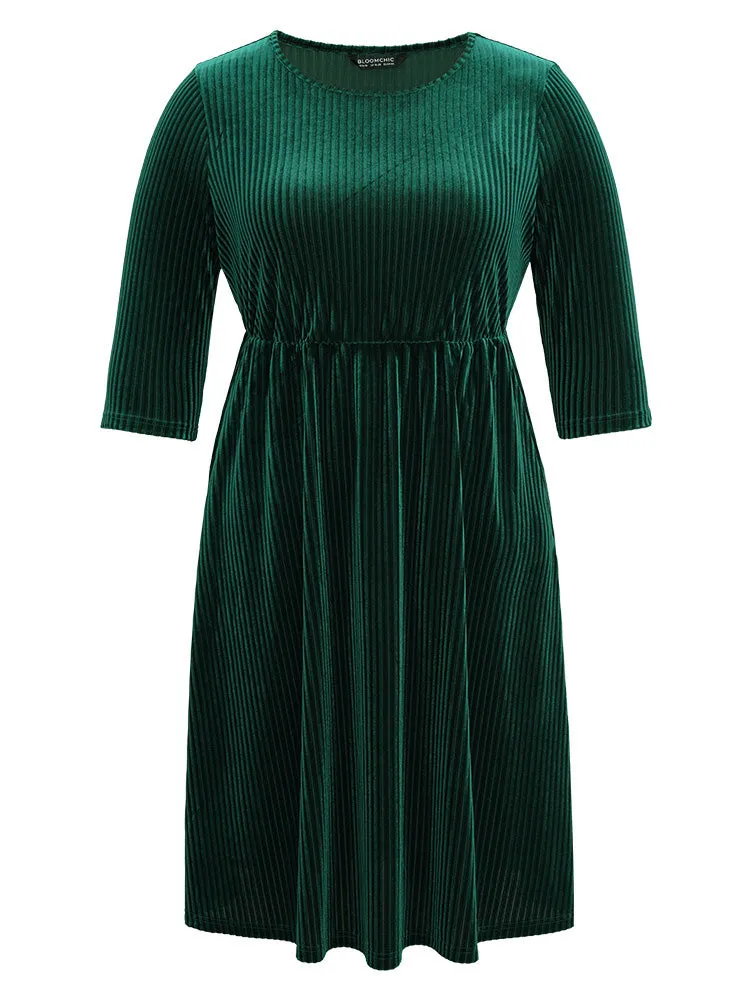 Plain Velvet Elastic Waist Pocket Crew Neck Dress sold by Bloomchic product image thumbnail 5