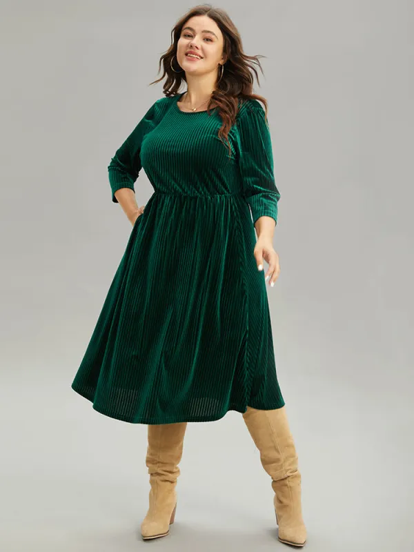 Plain Velvet Elastic Waist Pocket Crew Neck Dress sold by Bloomchic