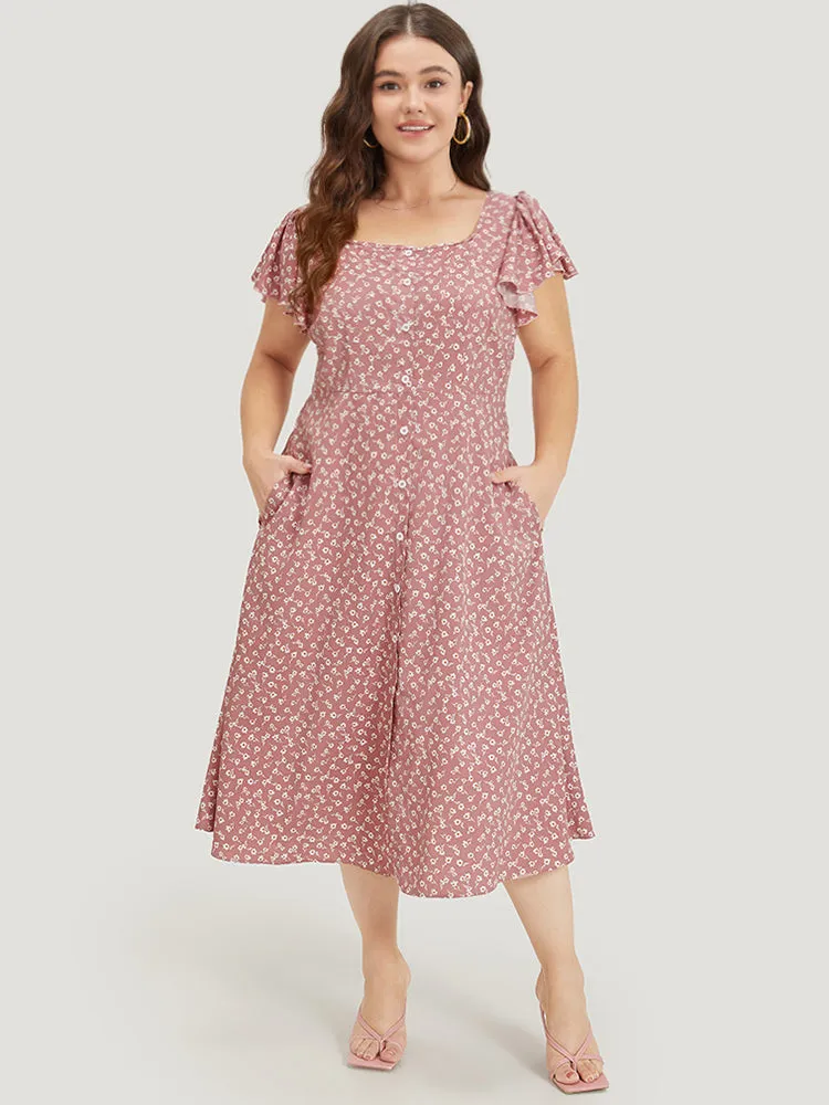 Ditsy Floral Square Neck Ruffle Cap Sleeve Split Hem Dress sold by Bloomchic product image thumbnail 4