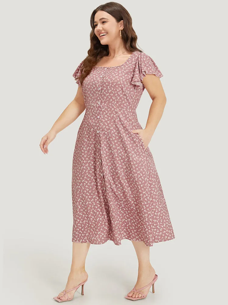 Ditsy Floral Square Neck Ruffle Cap Sleeve Split Hem Dress sold by Bloomchic product image thumbnail 3