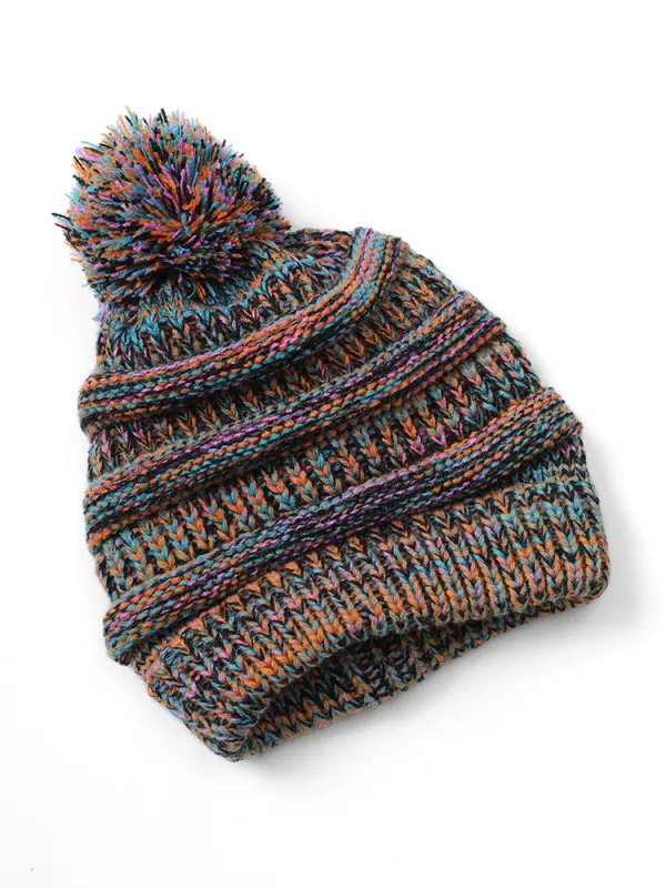 Colored Contrast Fluffy Ball Detail Knitted Hat sold by Bloomchic
