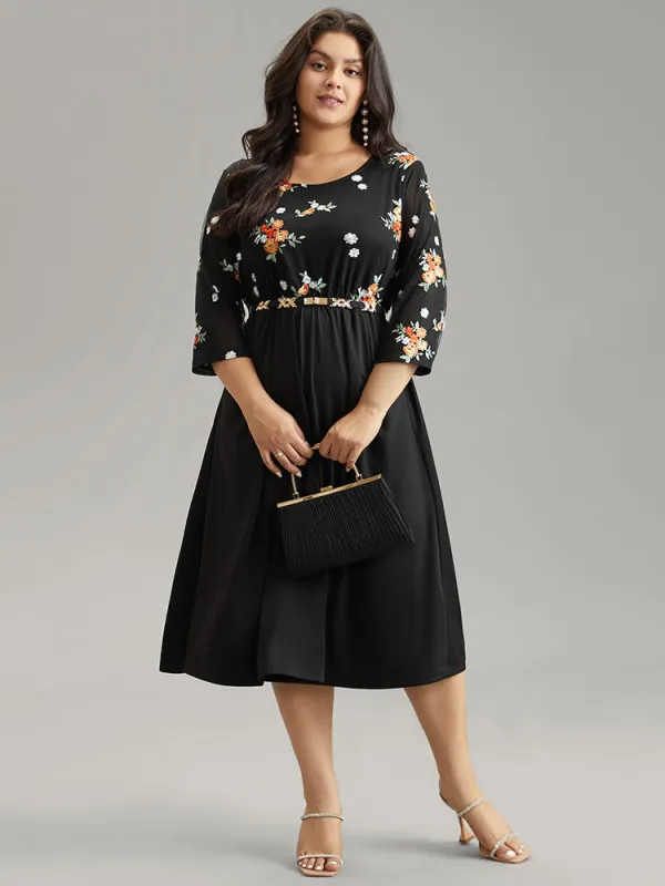 Floral Embroidered Mesh Patchwork Elastic Waist Dress sold by Bloomchic
