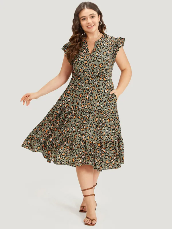 Colour Leopard Print Notched Ruffle Cap Sleeve Dress sold by Bloomchic