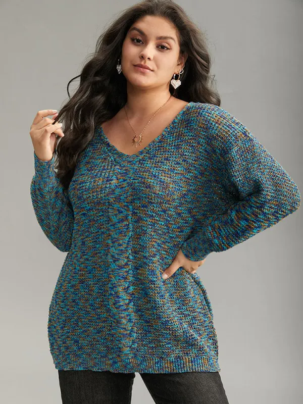 Heather Contrast V Neck Drop Shoulder Pullover sold by Bloomchic