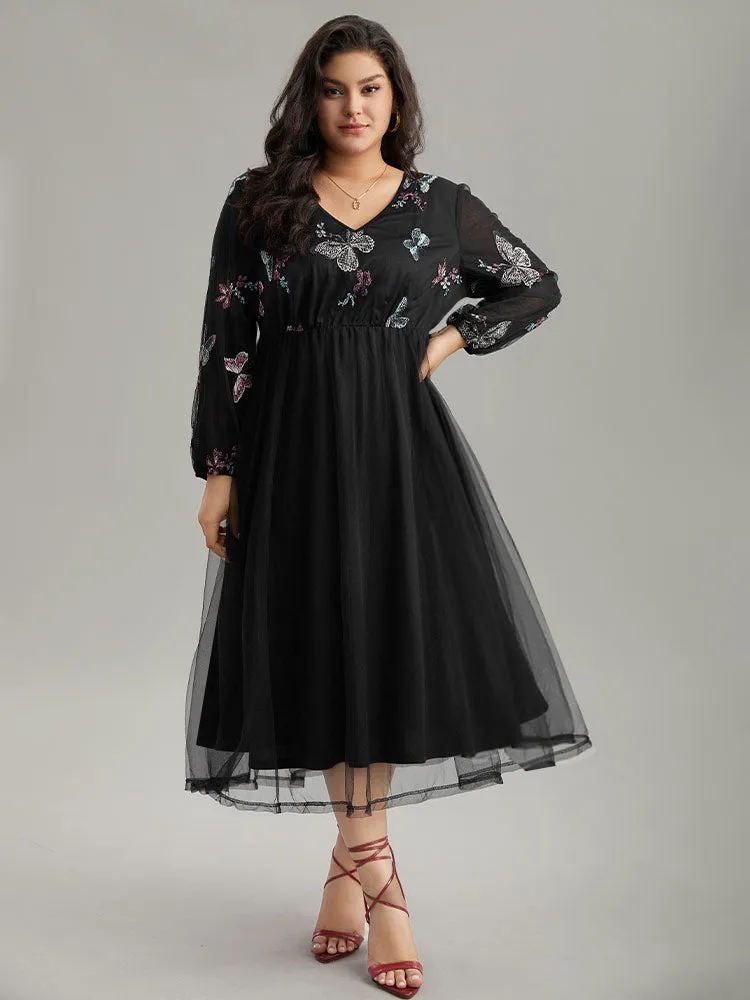 Butterfly Embroidered Mesh Gathered Patchwork Dress sold by Bloomchic product image thumbnail 2