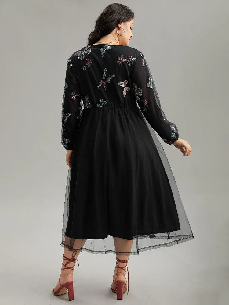Butterfly Embroidered Mesh Gathered Patchwork Dress sold by Bloomchic product image thumbnail 5