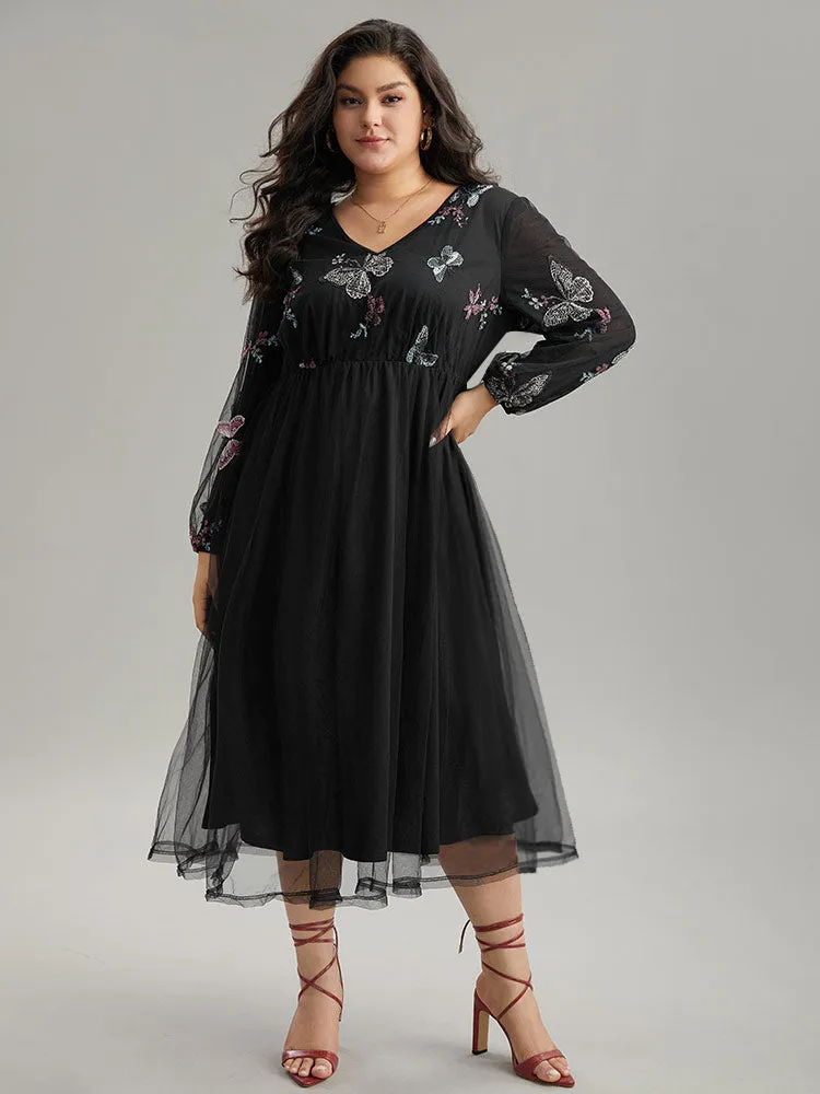 Butterfly Embroidered Mesh Gathered Patchwork Dress sold by Bloomchic product image thumbnail 3