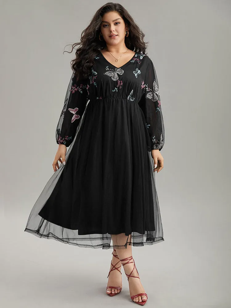 Butterfly Embroidered Mesh Gathered Patchwork Dress sold by Bloomchic