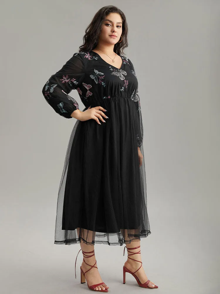 Butterfly Embroidered Mesh Gathered Patchwork Dress sold by Bloomchic product image thumbnail 4