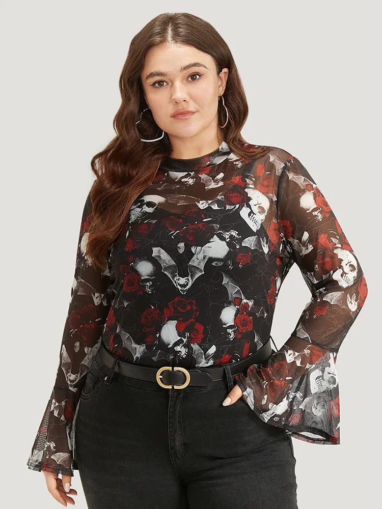 Halloween Skull & Floral Print Mesh T-shirt sold by Bloomchic product image thumbnail 2