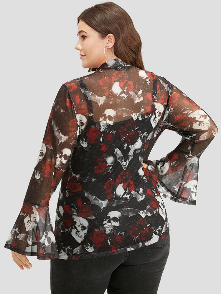 Halloween Skull & Floral Print Mesh T-shirt sold by Bloomchic product image thumbnail 5