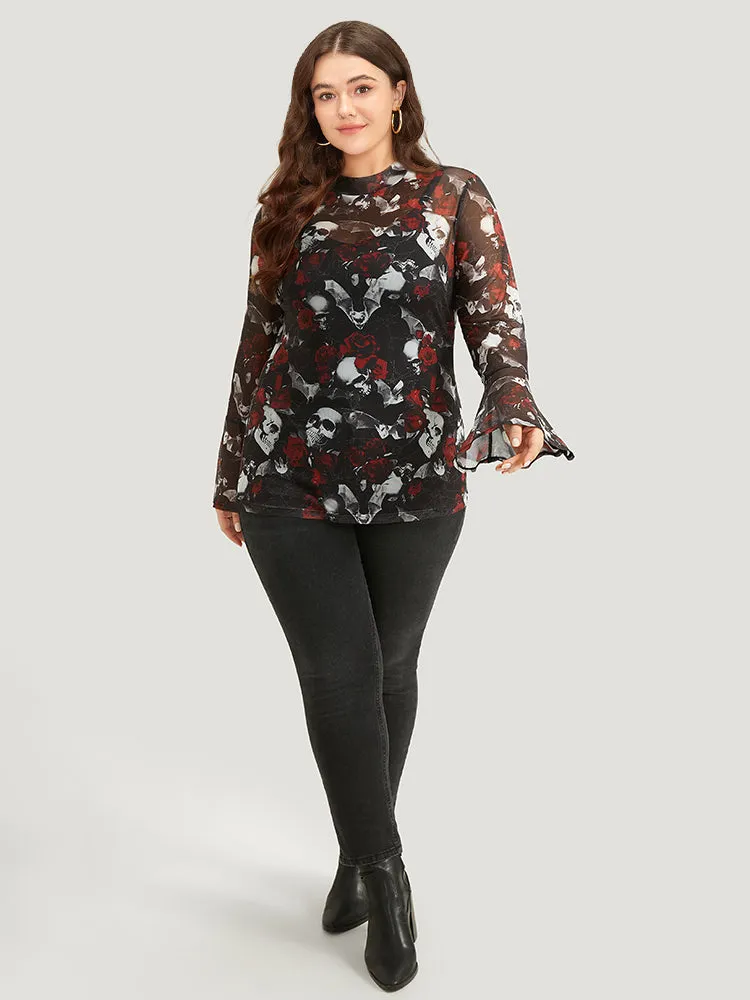 Halloween Skull & Floral Print Mesh T-shirt sold by Bloomchic product image thumbnail 3