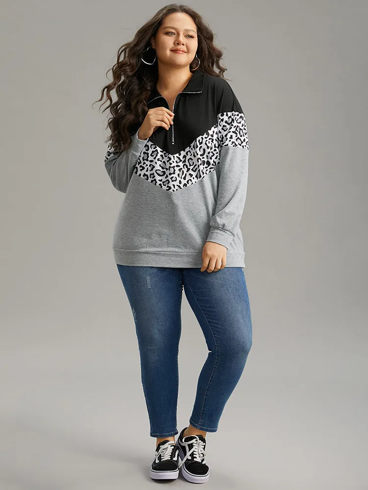 Leopard Contrast Patchwork Half Zip Sweatshirt sold by Bloomchic product image thumbnail 4
