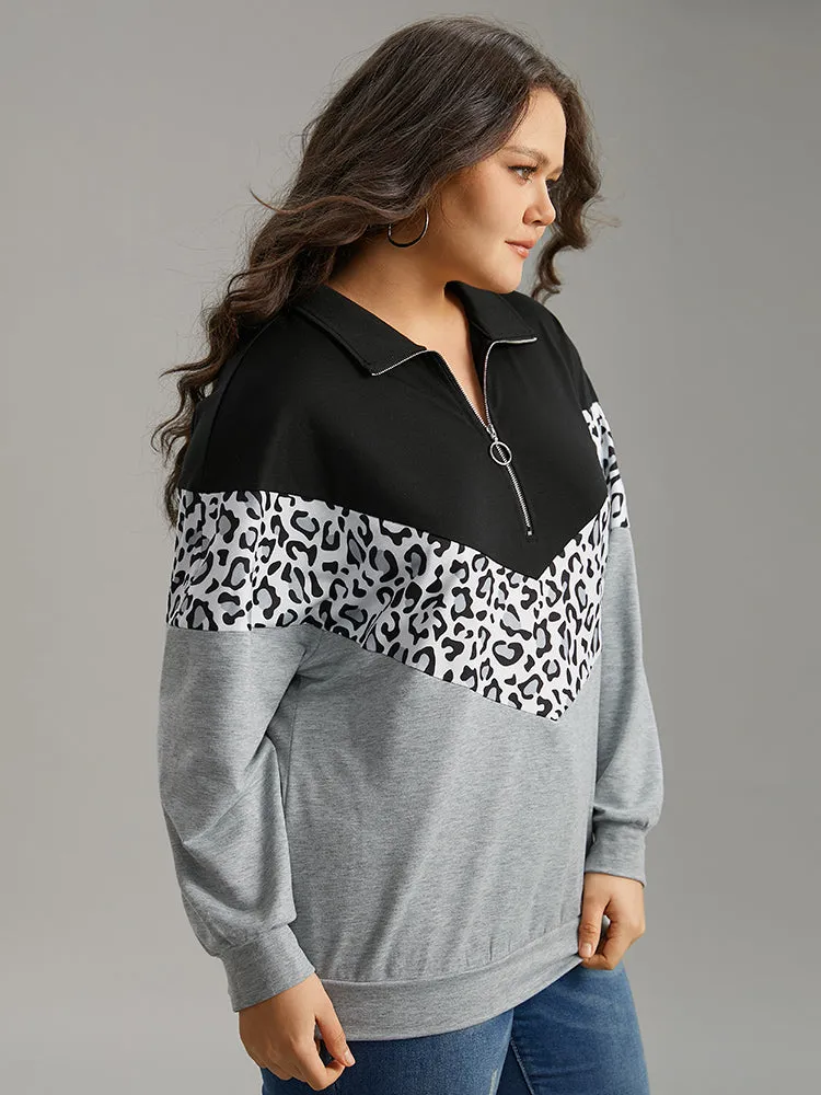 Leopard Contrast Patchwork Half Zip Sweatshirt sold by Bloomchic product image thumbnail 2