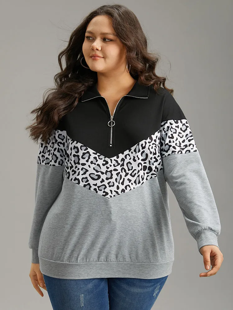 Leopard Contrast Patchwork Half Zip Sweatshirt sold by Bloomchic product image thumbnail 3