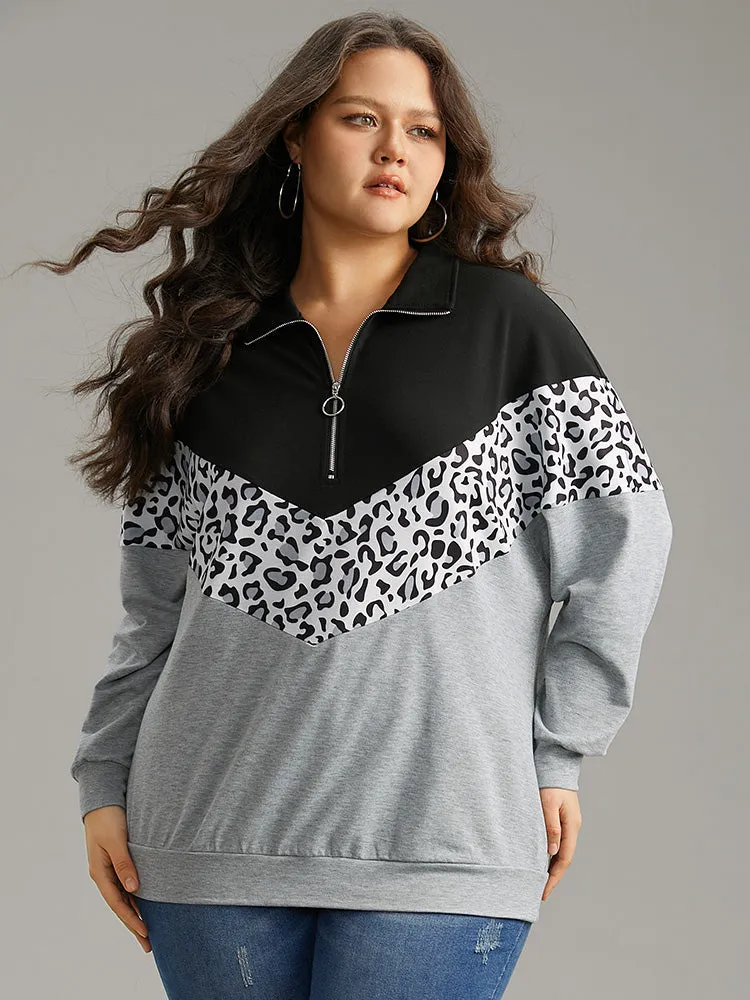 Leopard Contrast Patchwork Half Zip Sweatshirt sold by Bloomchic