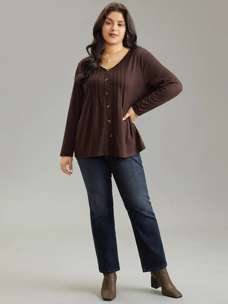 V Neck Solid Pleated Button Detail T-shirt sold by Bloomchic product image thumbnail 3