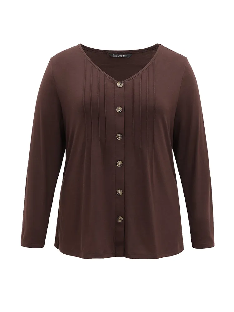 V Neck Solid Pleated Button Detail T-shirt sold by Bloomchic product image thumbnail 5
