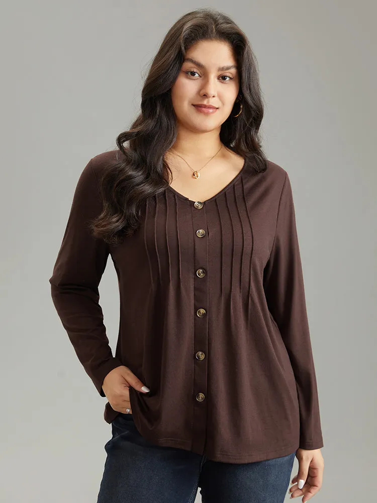 V Neck Solid Pleated Button Detail T-shirt sold by Bloomchic