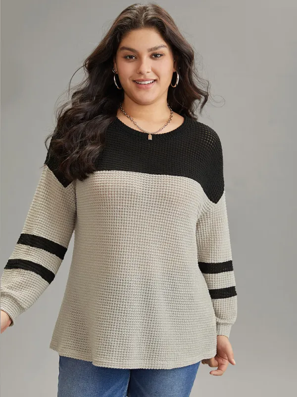 Contrast Waffle Knit Striped Round Neck T-shirt sold by Bloomchic