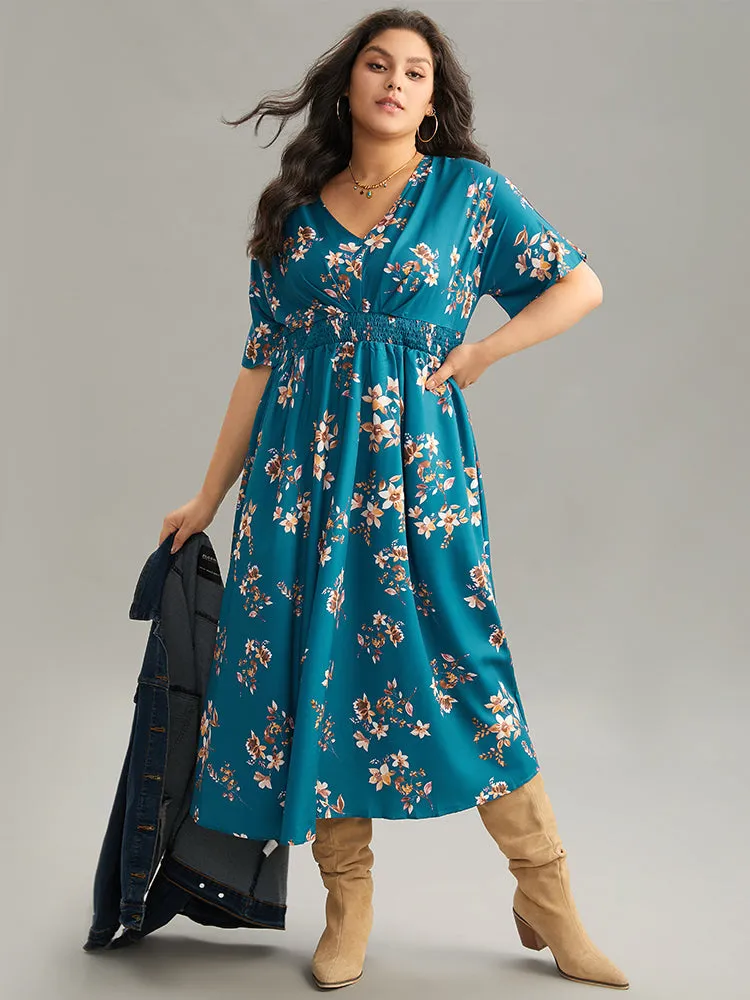 Floral Print Shirred Pocket V Neck Pleated Dress sold by Bloomchic