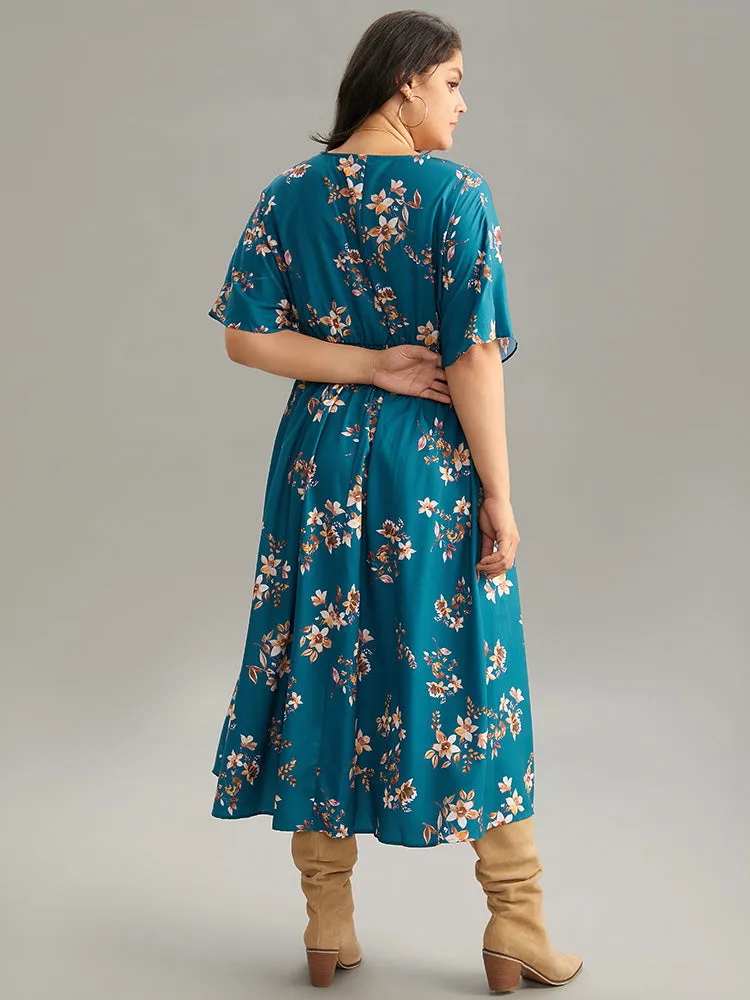 Floral Print Shirred Pocket V Neck Pleated Dress sold by Bloomchic product image thumbnail 3