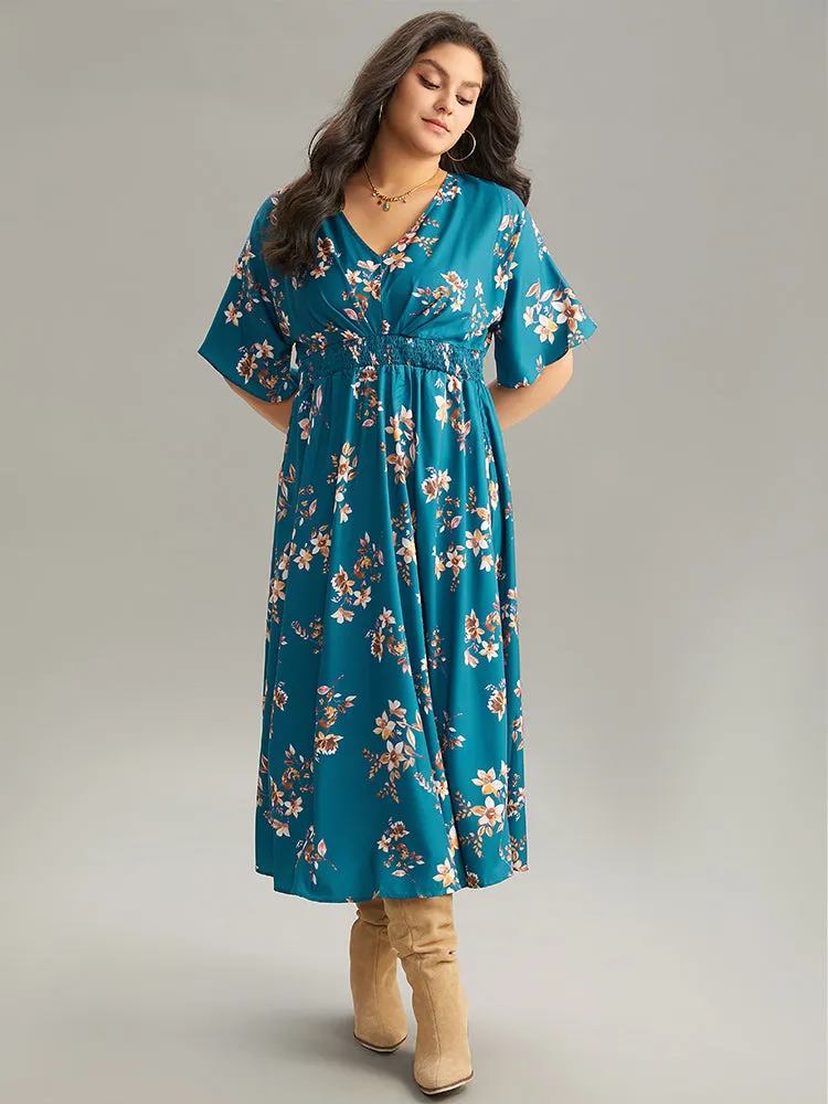 Floral Print Shirred Pocket V Neck Pleated Dress sold by Bloomchic product image thumbnail 2