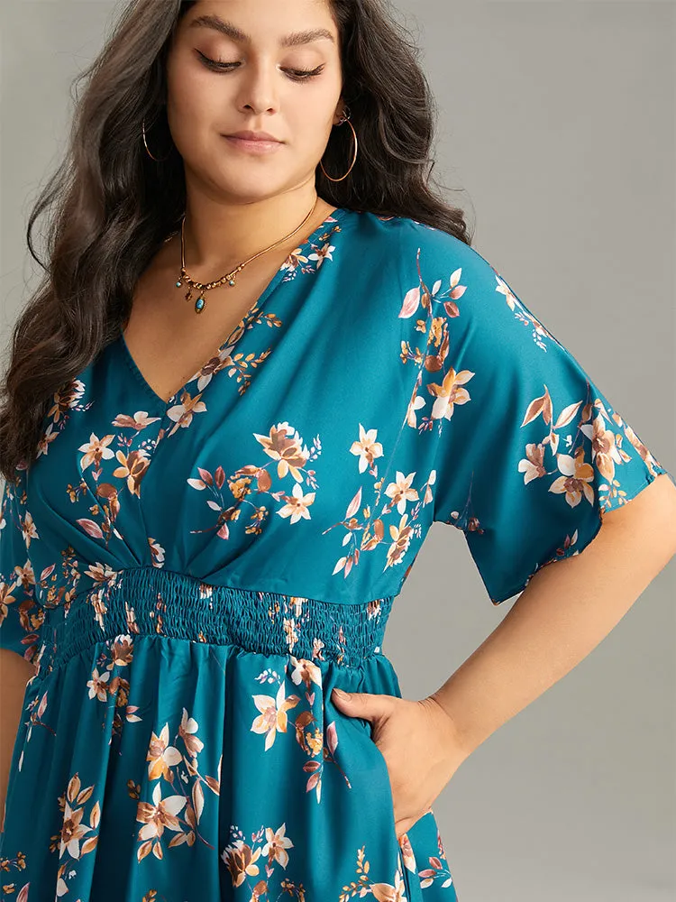 Floral Print Shirred Pocket V Neck Pleated Dress sold by Bloomchic product image thumbnail 4