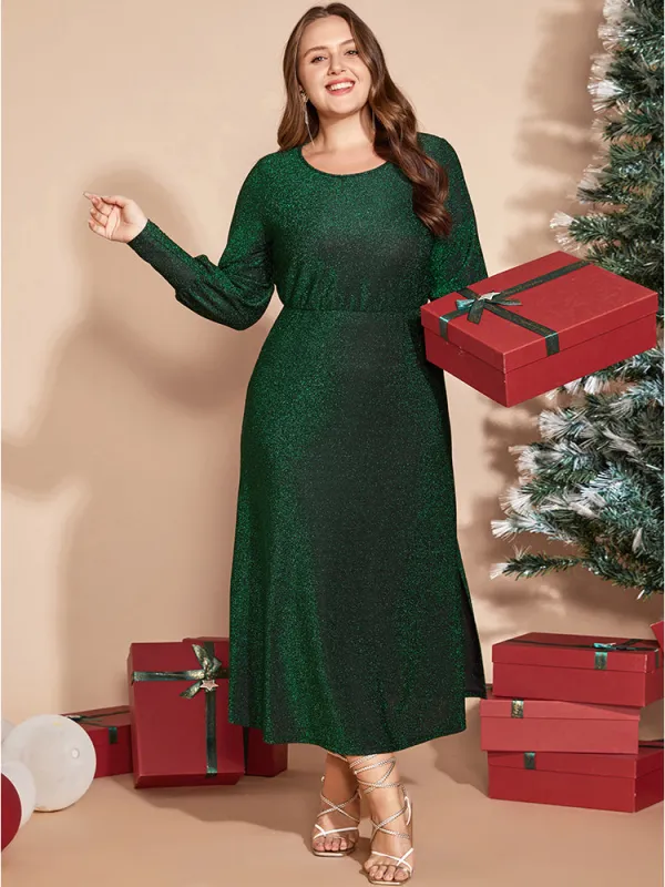 Solid Round Neck Split Hem Glitter Dress sold by Bloomchic