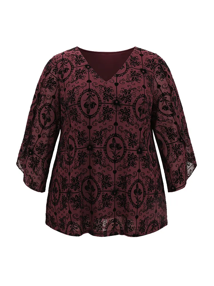 Silhouette Floral Print V Neck Petal Sleeve Blouse sold by Bloomchic product image thumbnail 5