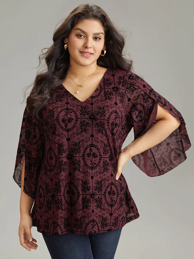 Silhouette Floral Print V Neck Petal Sleeve Blouse sold by Bloomchic