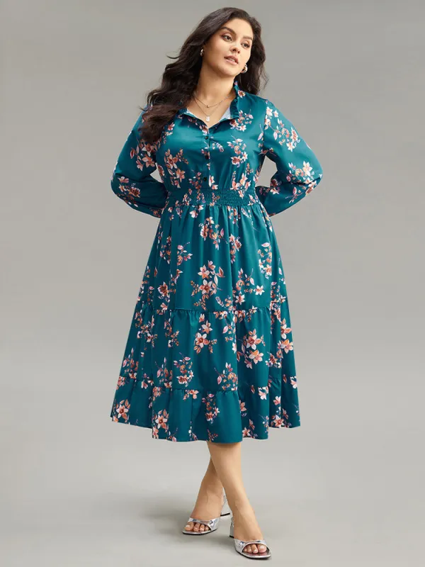 Floral Shirred Button Up Frill Trim Dress sold by Bloomchic