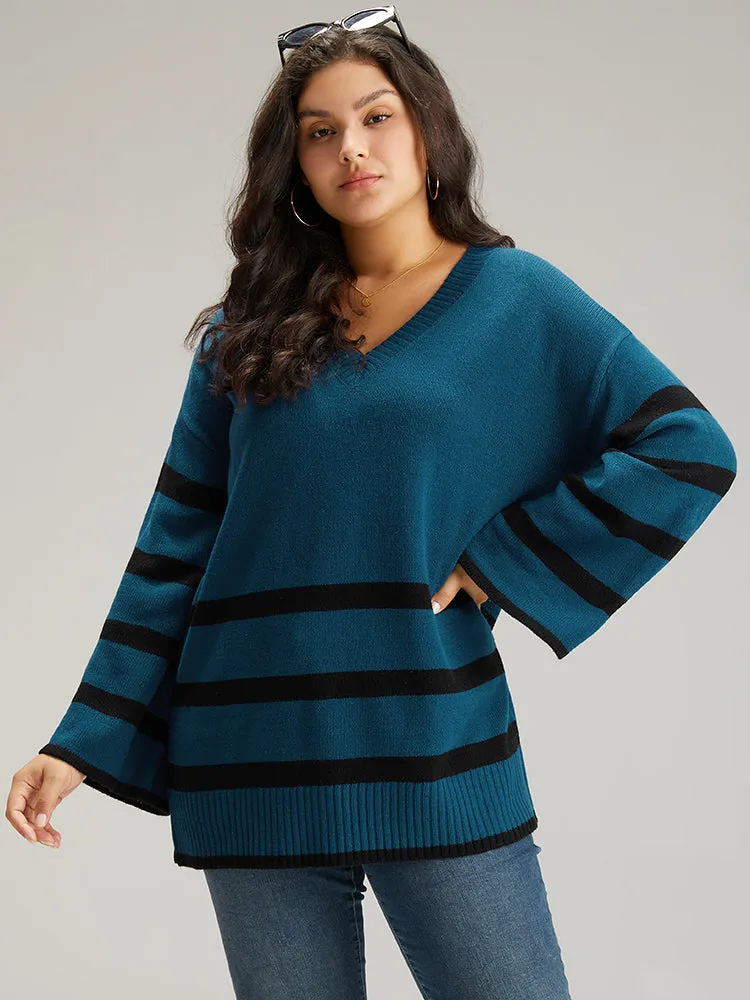 Striped Bell Sleeve Moderately Stretchy Pullover sold by Bloomchic