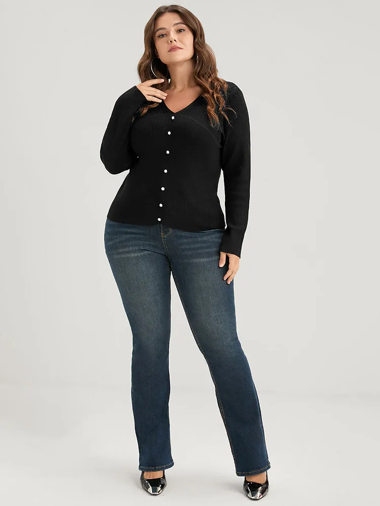 Plain Rib Knit Button Front Knit Top sold by Bloomchic