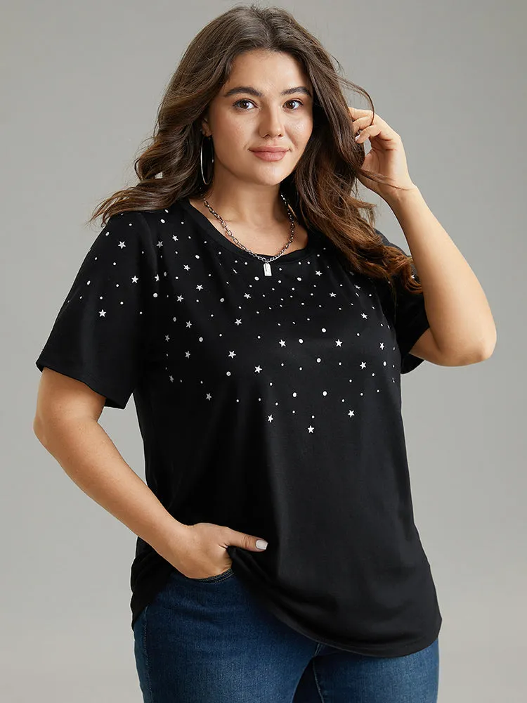 Glitter Star Print Crew Neck T-shirt sold by Bloomchic