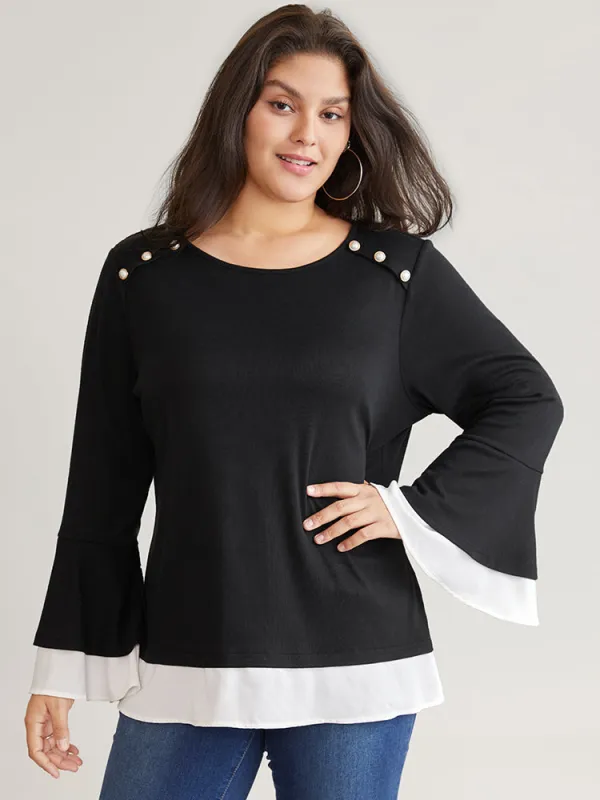 Contrast Tiered Bell Sleeve Button Detail T-shirt sold by Bloomchic