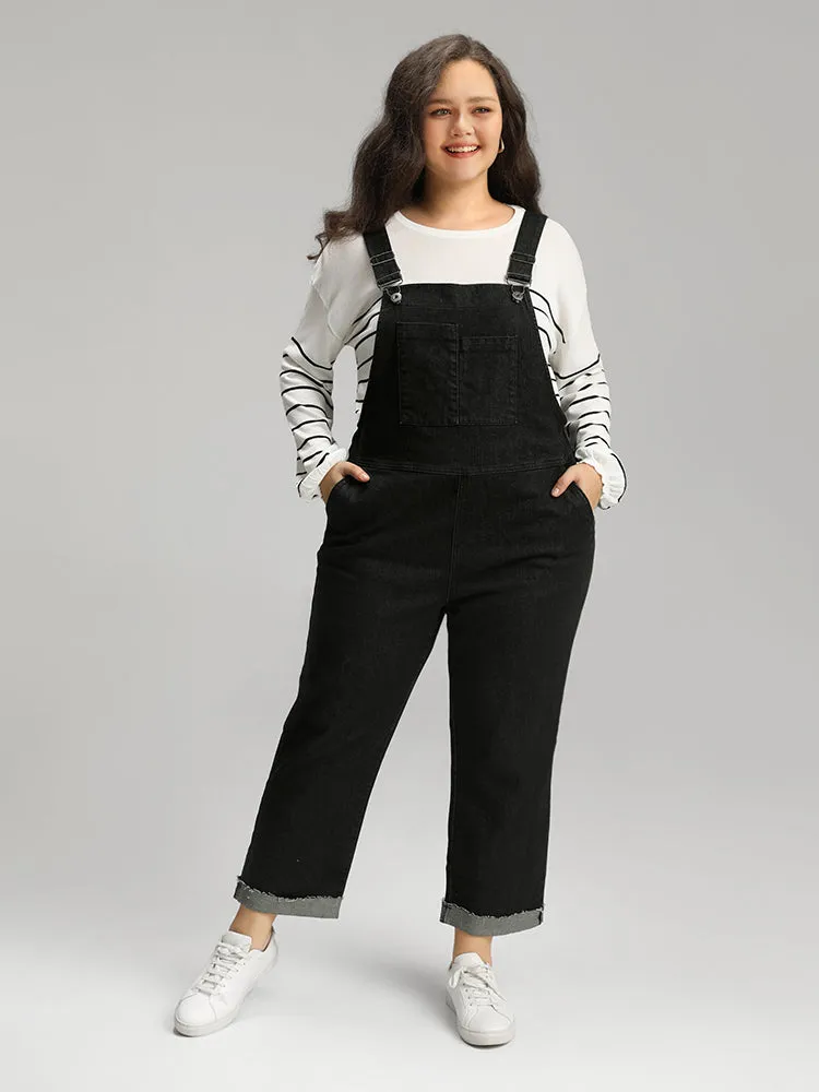 Plain Patched Pocket Roll Hem Overall Jeans sold by Bloomchic